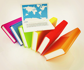 Image showing Laptop on books . 3D illustration. Vintage style.