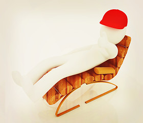 Image showing 3d white man lying wooden chair with thumb up. 3D illustration. 