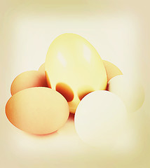 Image showing Eggs and gold easter egg. 3D illustration. Vintage style.