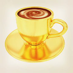 Image showing Gold coffee cup on saucer on a white background . 3D illustratio