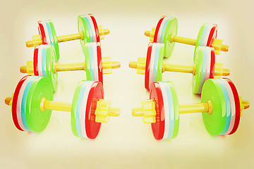 Image showing Colorful dumbbells on a white background. 3D illustration. Vinta