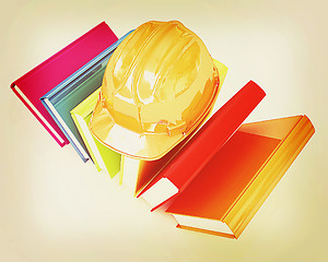 Image showing Colorful books and hard hat . 3D illustration. Vintage style.