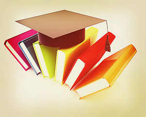 Image showing Colorful books and graduation hat . 3D illustration. Vintage sty