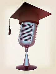 Image showing New 3d concept of education with microphone and graduation hat. 