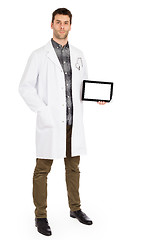 Image showing Doctor holding tablet with copy space and clipping path for the 