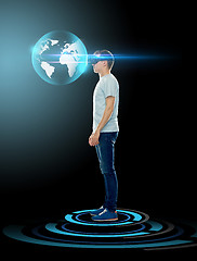 Image showing happy man in virtual reality headset or 3d glasses