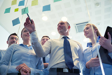 Image showing smiling business people with marker and stickers