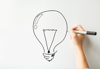 Image showing close up of hand drawing light bulb on white board