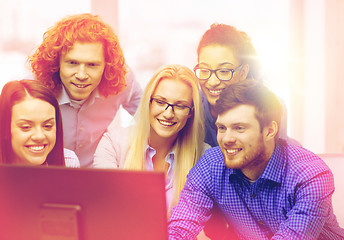 Image showing smiling business team looking at computer monitor