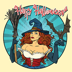 Image showing Happy Halloween beautiful witch and bat