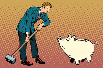 Image showing Retro businessman wants to break the cute piggy Bank