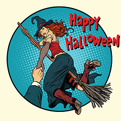 Image showing Happy Halloween witch on a broomstick follow me