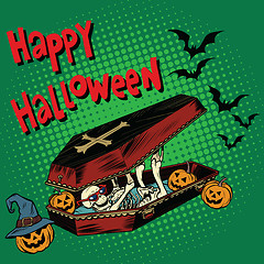 Image showing Happy Halloween holiday, coffin skeleton evil pumpkin