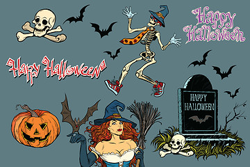Image showing Happy Halloween a collection of characters. Stickers skeleton, g