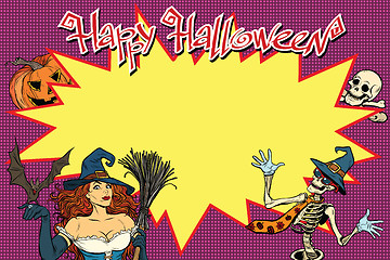 Image showing Happy Halloween background with witch, skeleton and pumpkin