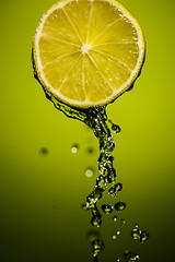 Image showing Water splash on lime isolated on green background