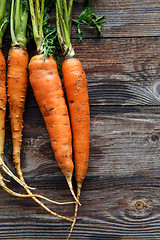 Image showing Raw carrot with green leaves on wooden background