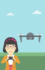 Image showing Woman flying drone vector illustration.