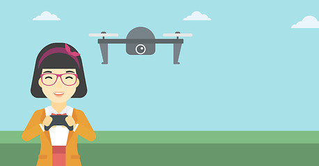 Image showing Woman flying drone vector illustration.