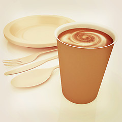 Image showing Fast-food disposable tableware. 3D illustration. Vintage style.