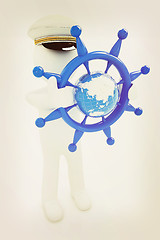 Image showing Sailor with steering wheel and earth. Trip around the world conc