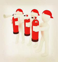 Image showing 3d mans with red fire extinguisher . 3D illustration. Vintage st