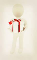 Image showing 3d man and gift with red ribbon. 3D illustration. Vintage style.