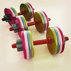 Image showing Colorful dumbbells on a white background. 3D illustration. Vinta