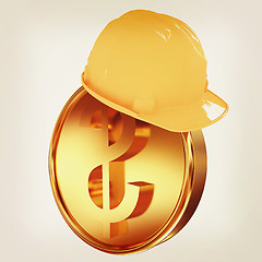 Image showing Hard hat on gold dollar coin. 3D illustration. Vintage style.