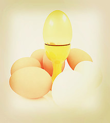 Image showing Eggs and gold easter egg on egg cups . 3D illustration. Vintage 