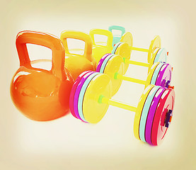 Image showing Colorful weights and dumbbells . 3D illustration. Vintage style.