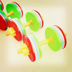 Image showing Colorful dumbbells on a white background. 3D illustration. Vinta