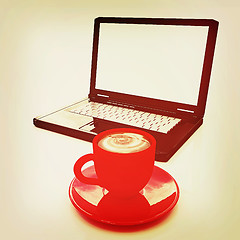 Image showing 3d cup and a laptop. 3D illustration. Vintage style.