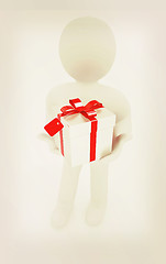 Image showing 3d man and gift with red ribbon. 3D illustration. Vintage style.