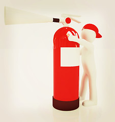 Image showing 3d man with red fire extinguisher . 3D illustration. Vintage sty