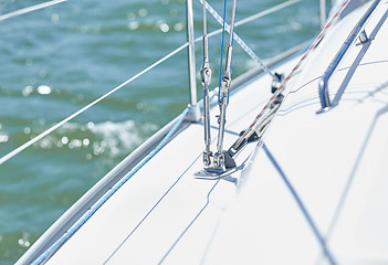 Image showing close up of sailboat or sailing yacht deck in sea