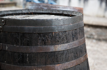 Image showing close up of old wooden barrel outdoors