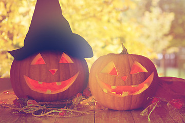 Image showing close up of pumpkins on table outdoors