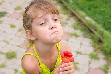 Image showing Funny girl with a flower in her hand pulled a face at begging