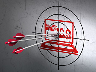 Image showing News concept: arrows in Breaking News On Laptop target on wall background