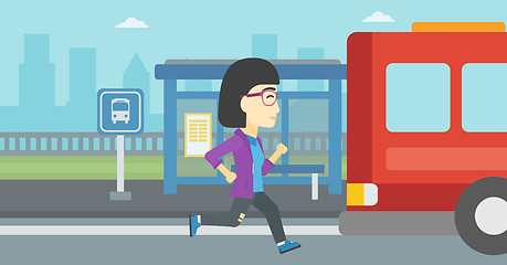 Image showing Latecomer woman running for the bus.