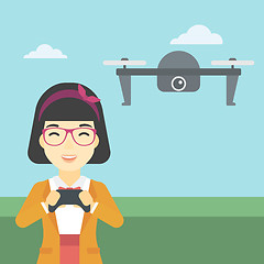 Image showing Woman flying drone vector illustration.