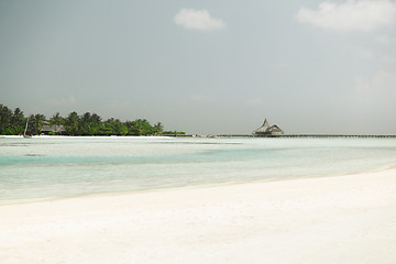 Image showing maldives island beach with palm tree and villa