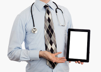 Image showing Doctor holding tablet with copy space and clipping path for the 