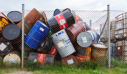 Image showing AKRANES, ICELAND - AUGUST 1, 2016: Oil barrels or chemical drums