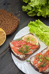 Image showing Sandwich with salmon for breakfast