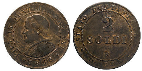 Image showing two 2 Soldi Copper Coin 1866 pope Pio IX papal state