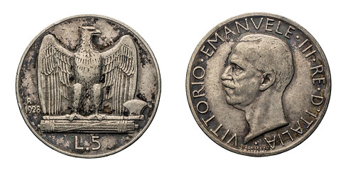 Image showing five 5 Lire silver Coin 1928 Eagle arms Vittorio Emanuele III Kingdom of Italy