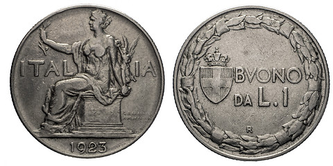 Image showing One 1 Lira Nichelio Coin 1923 Buono Vittorio Emanuele III Kingdom of Italy