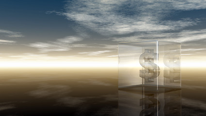 Image showing dollar symbol in glass cube under cloudy blue sky - 3d illustration